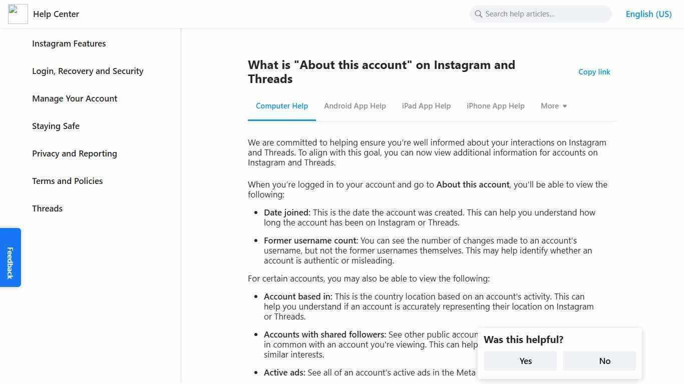 What is "About this account" on Instagram and Threads Instagram Help Center